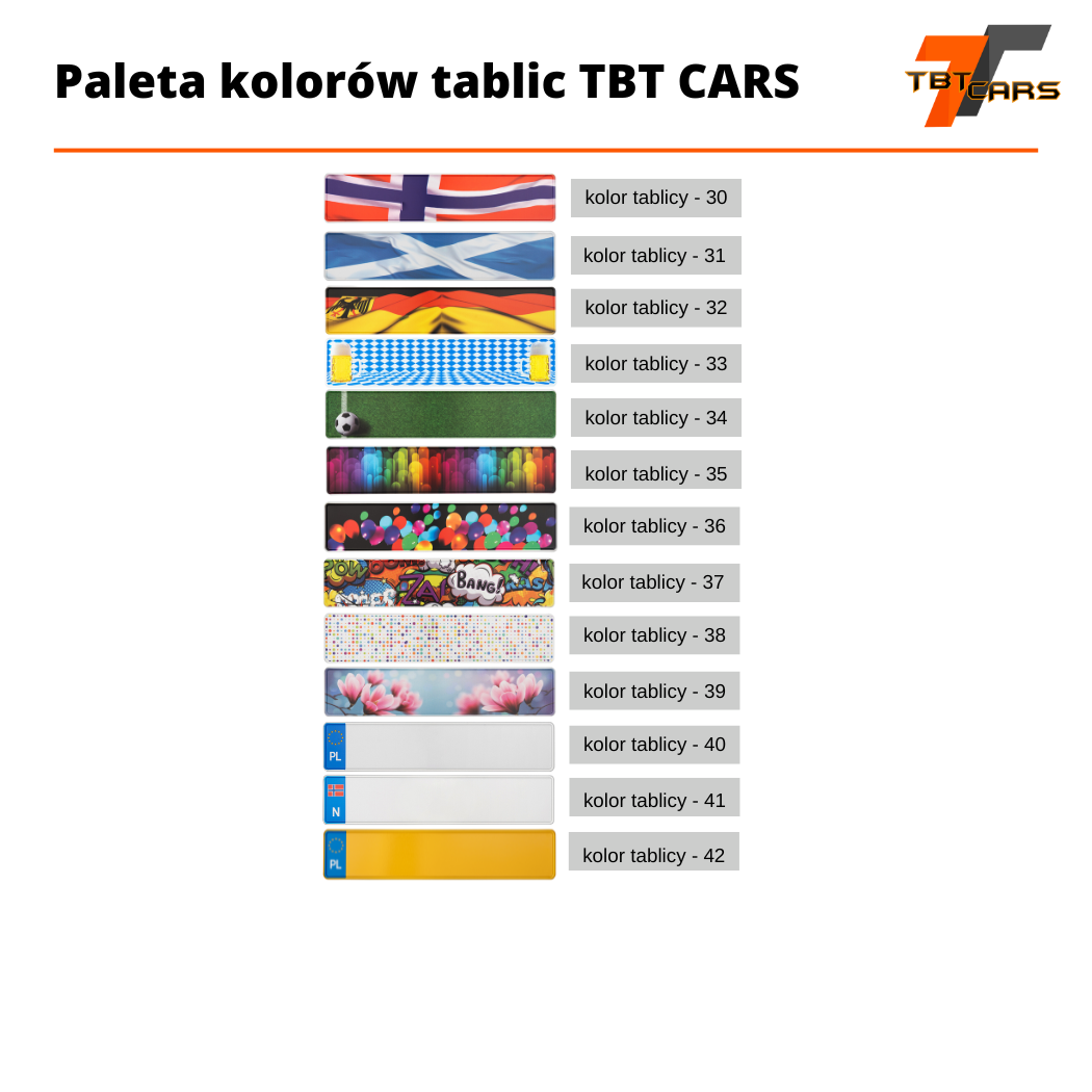Paleta kolorów tablic 30-42 TBT CARS 2023